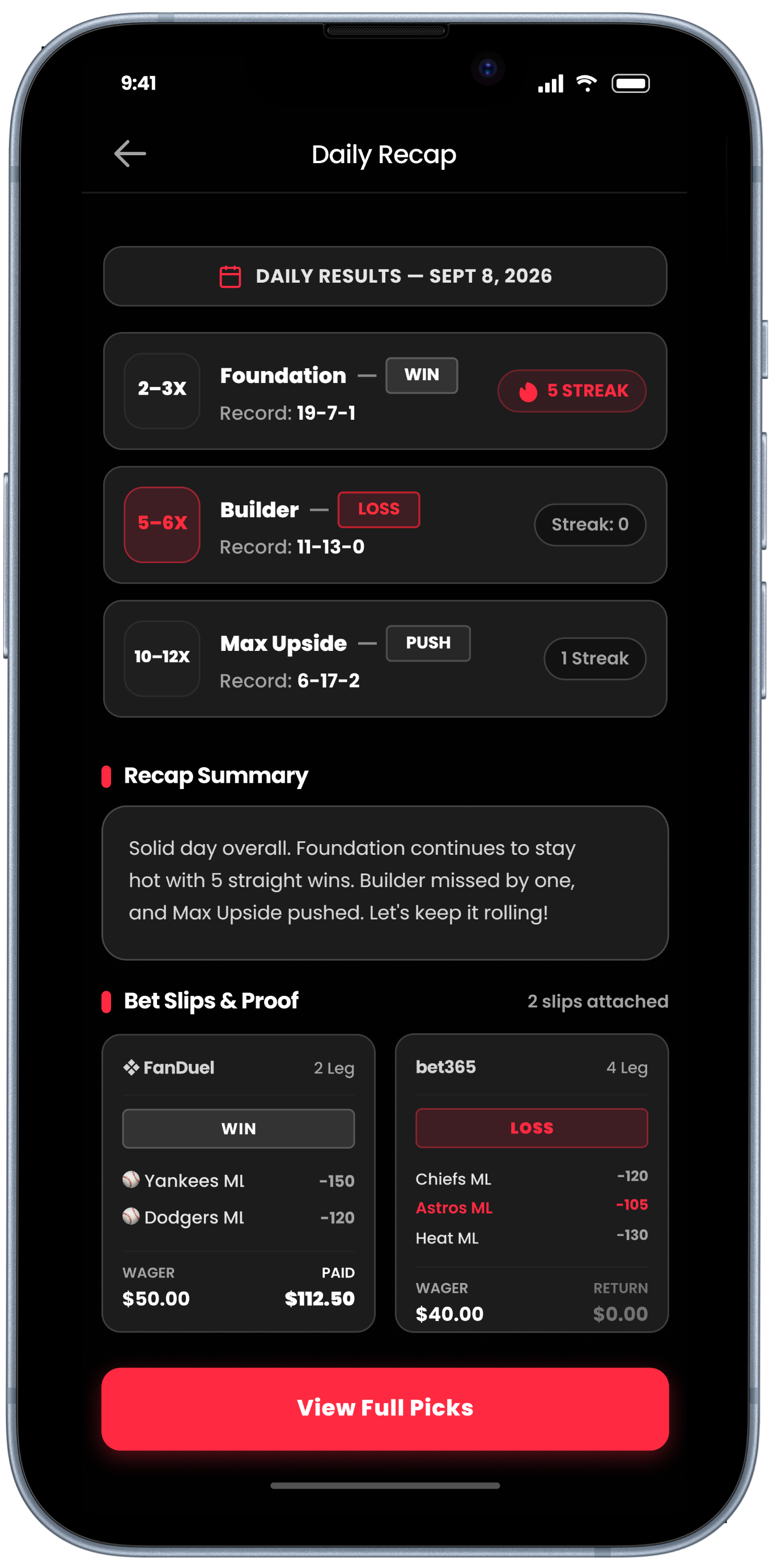 Daily results screen